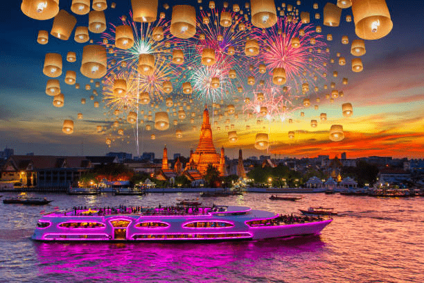Floating lamps and fireworks at a cruise ship