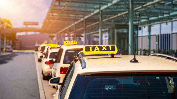 A long queue of taxis at the airport   