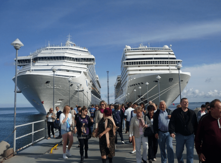 People leaving a port