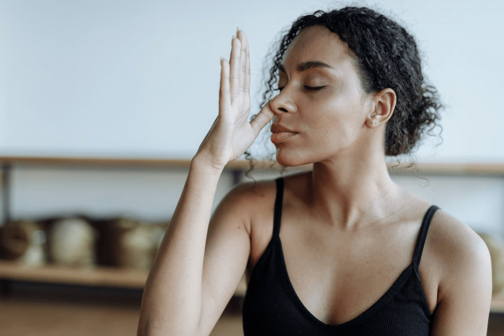 woman practising her breathing techniques