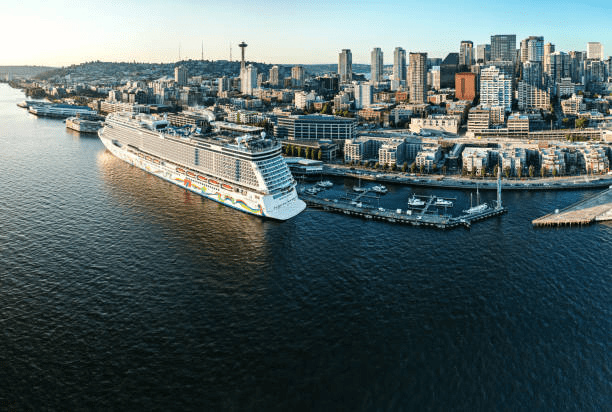 An image of a cruise on a port in a city