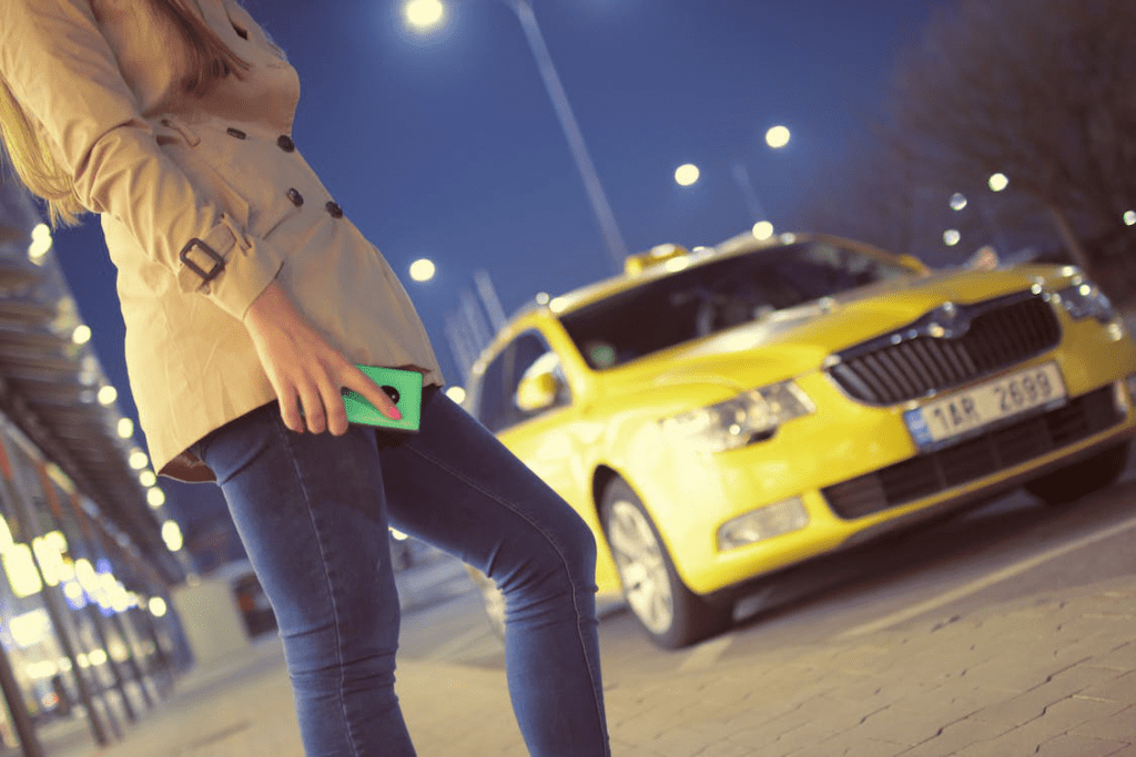 An image of a woman standing near a taxi in front of the airport