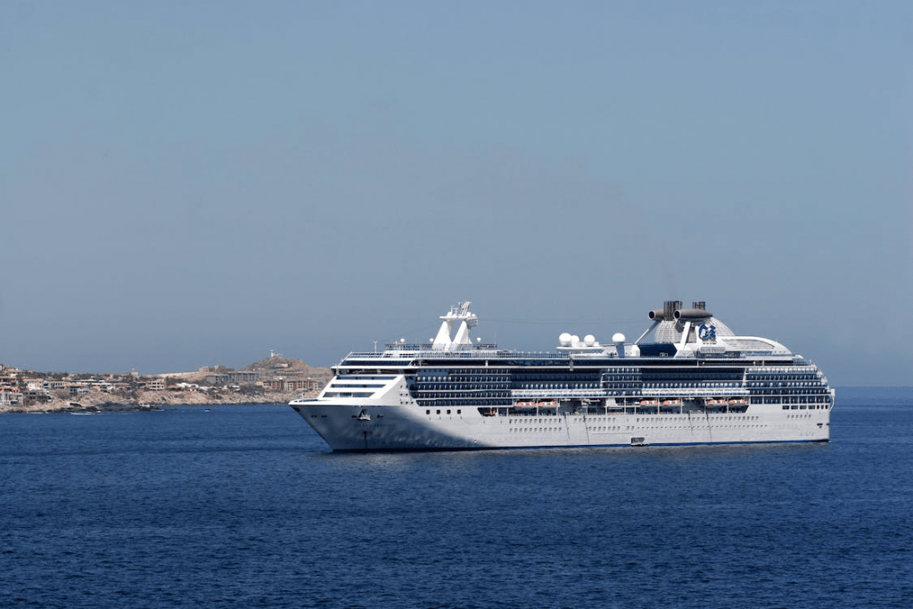 An image of a cruise ship in the ocean during the day