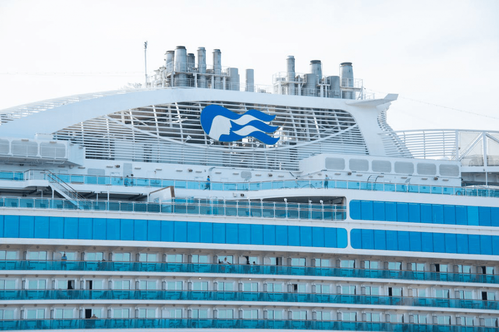 An image of a white and blue cruise ship in the ocean during the day