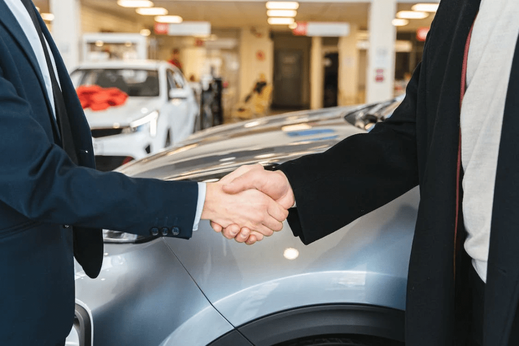 An image of people shaking hands with cars in the background